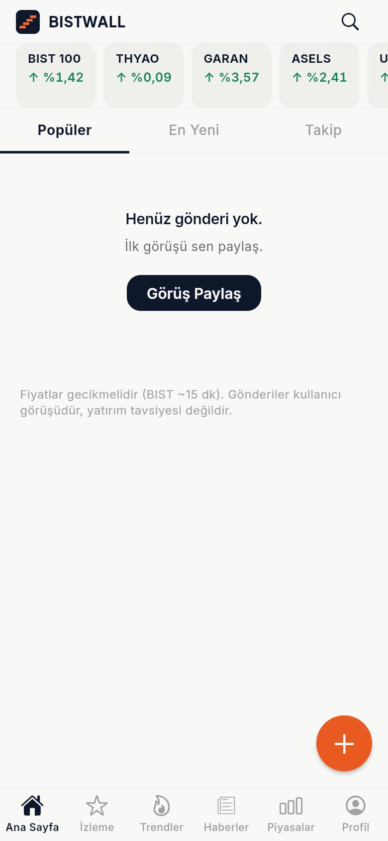 BistWall ana sayfa: fiyat şeridi ve topluluk akışı